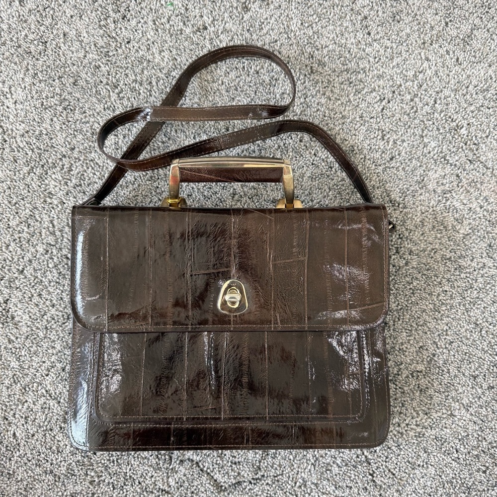 Vintage Brown Eel Skin Leather top Handle Shoulder Crossbody Long Strap Handbag